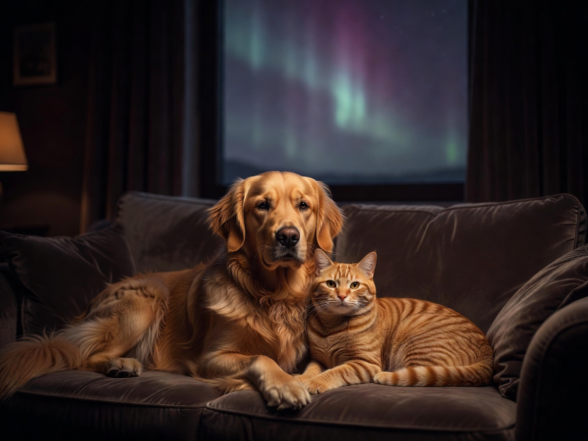 A dog and a cat resting together in warm evening light