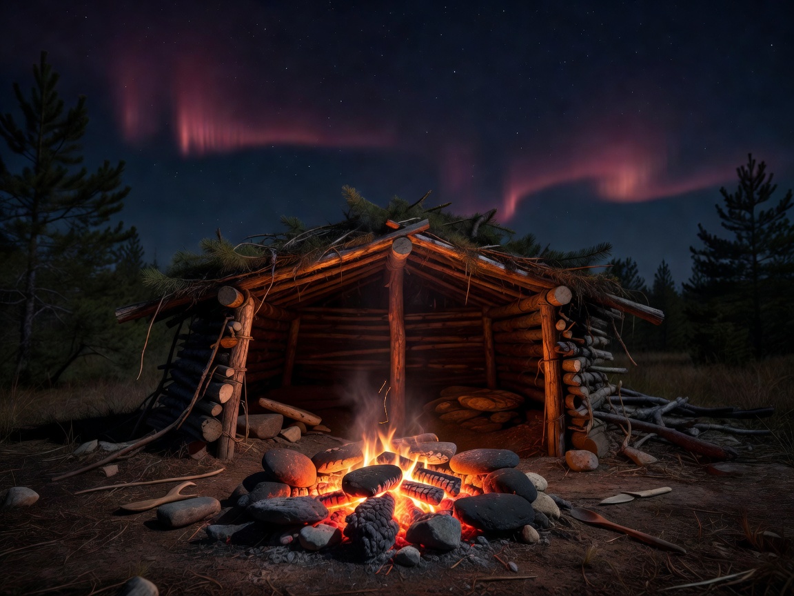 Hot stone cooking over a campfire at a wooden shelter at night