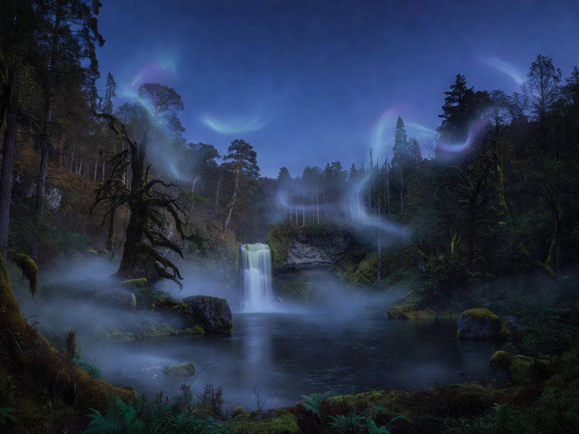 A hidden waterfall in a misty forest at blue hour